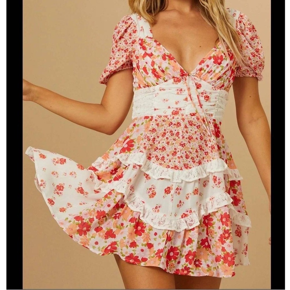 Arula Aderny Floral Lace Trim Tiered Mini Dress Ivory Rust 1X NEW